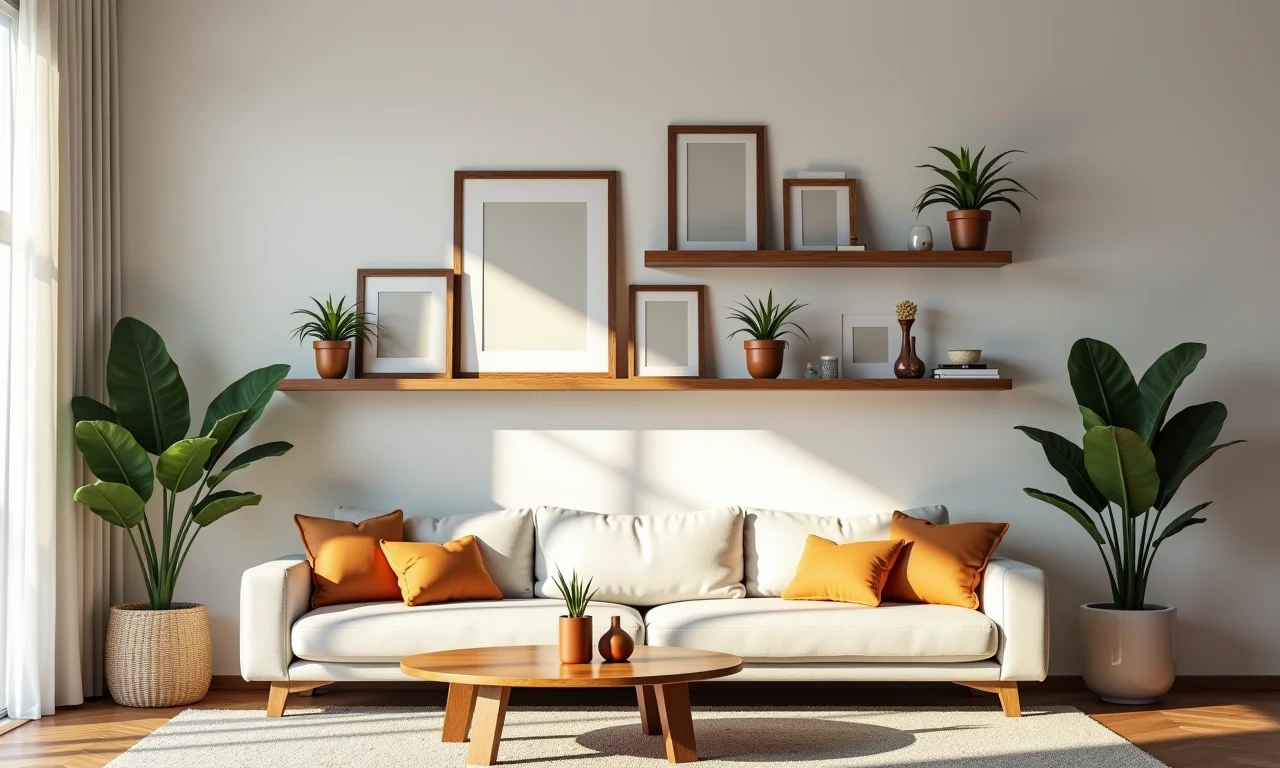 Prateleiras e nichos decorados com fotos, plantas e objetos decorativos.