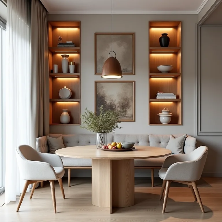 Prateleiras e nichos organizando verticalmente uma sala de jantar pequena.