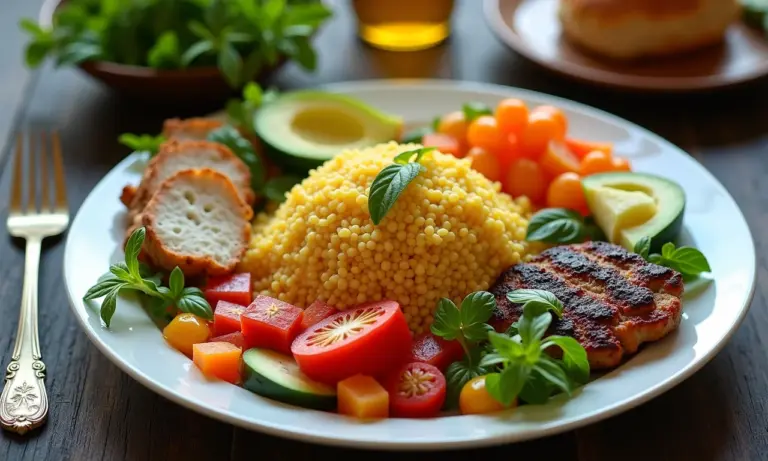 Prato colorido com grão de bico, vegetais frescos e proteína magra, representando uma refeição equilibrada.