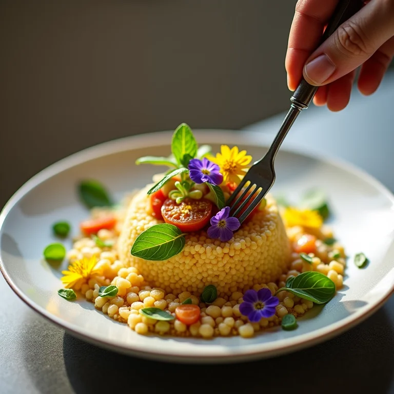 Prato de cuscuz de arroz sendo finalizado com ervas frescas e flores comestíveis.