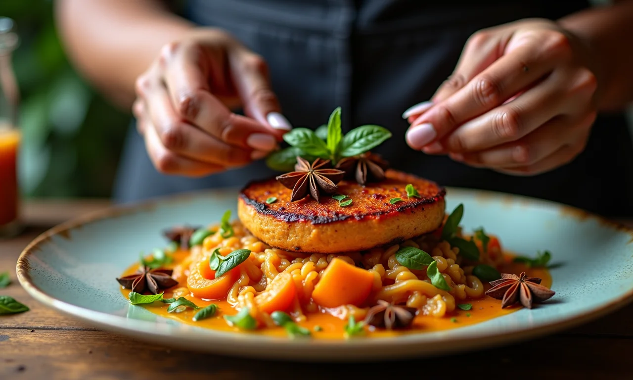Prato salgado sofisticado com anis estrelado, finalizado por mãos experientes.