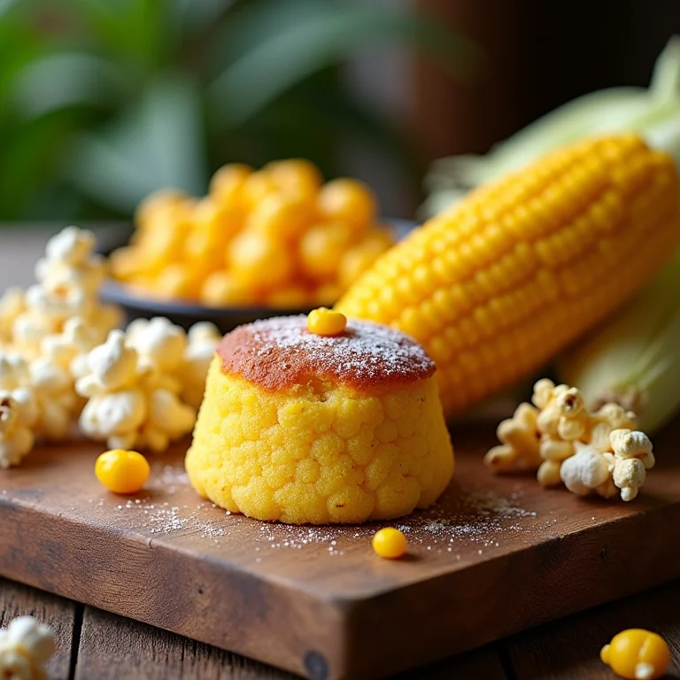 Pratos clássicos juninos com milho, como pipoca, milho cozido e bolo de milho.