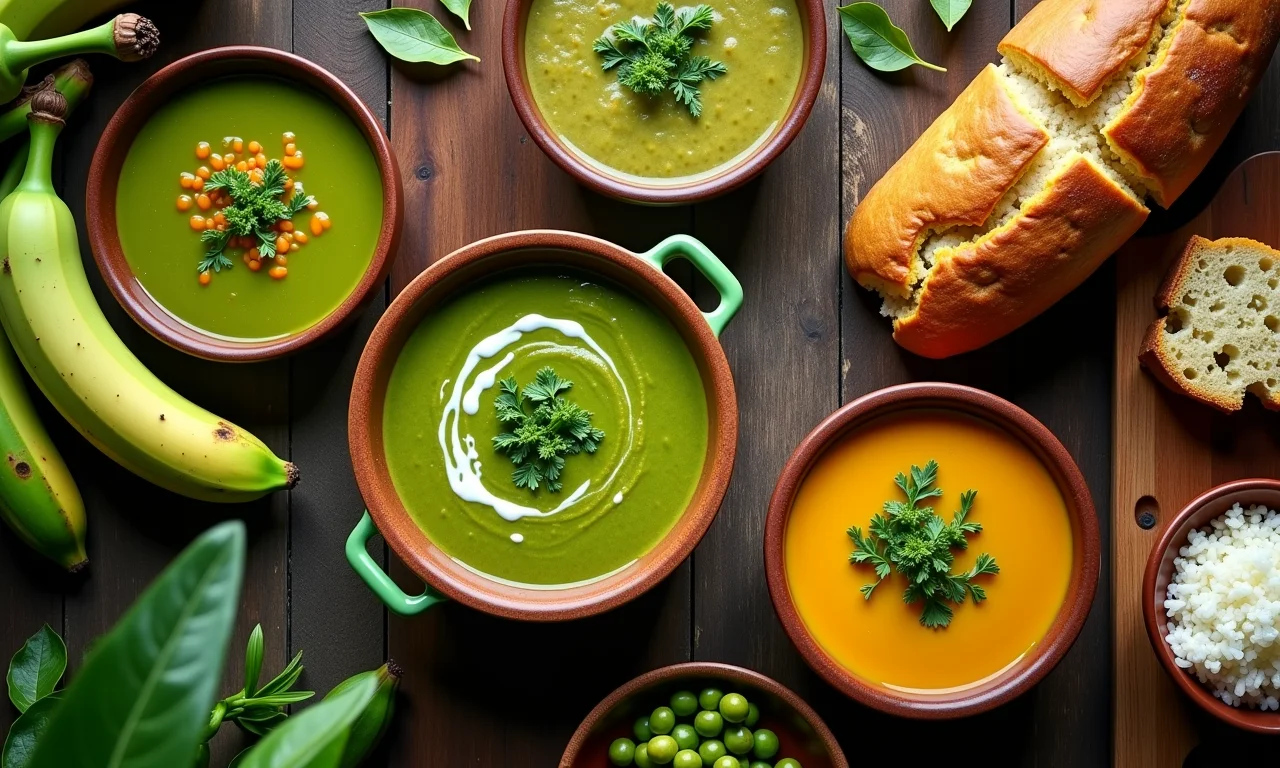 Pratos diversos com biomassa de banana verde em cozinha colorida.