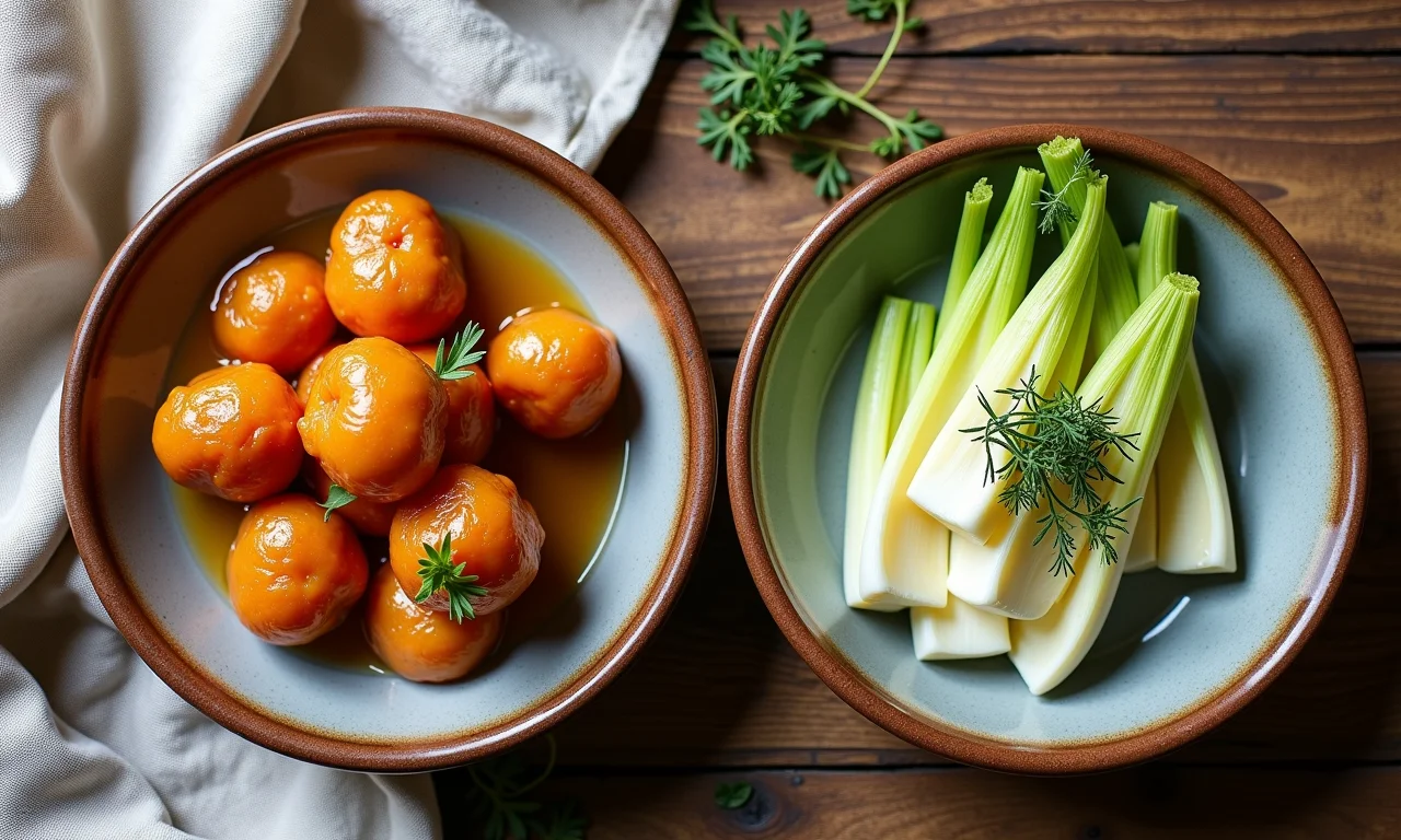 Pratos doces e salgados com funcho em mesa de madeira rústica.