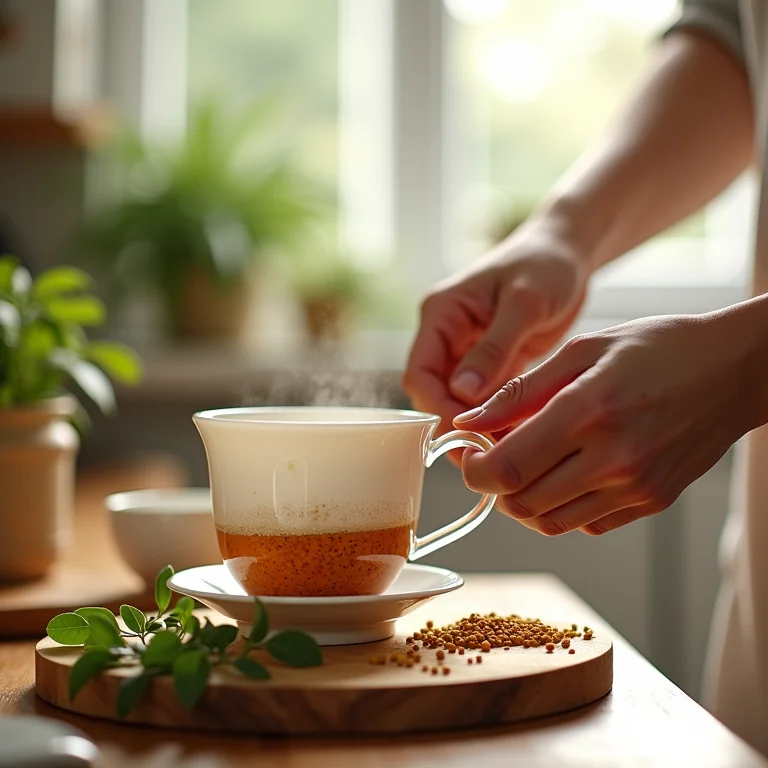 Preparando chá de feno grego em casa: um ritual de cuidado e bem-estar para a amamentação.