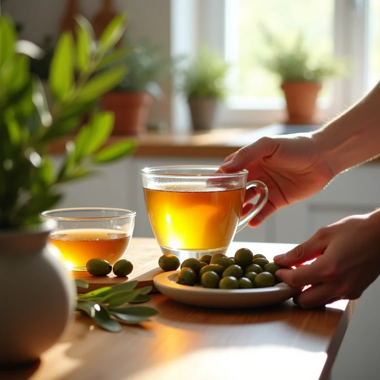 Preparando chá de folha de oliveira em uma cozinha iluminada.