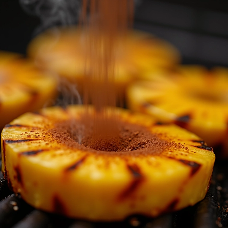 Preparo do abacaxi com canela na churrasqueira: receita simples e rápida.