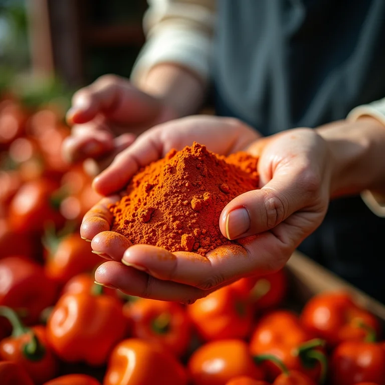 Produtor local segurando pimentão em pó artesanal