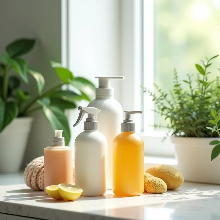 Produtos de limpeza ecológicos em bancada de cozinha com plantas