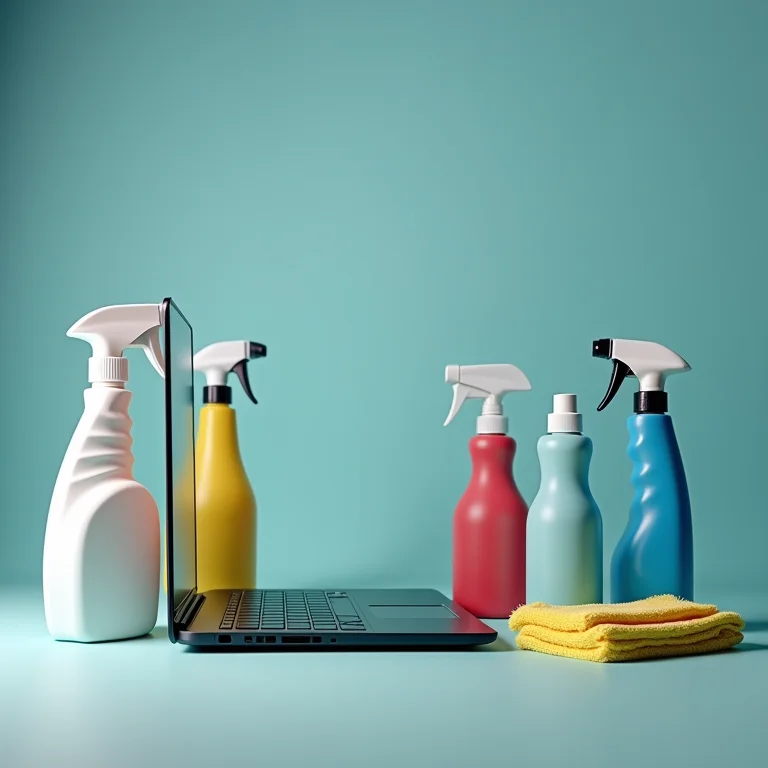 Produtos de limpeza inadequados próximos a um notebook, representando perigo.