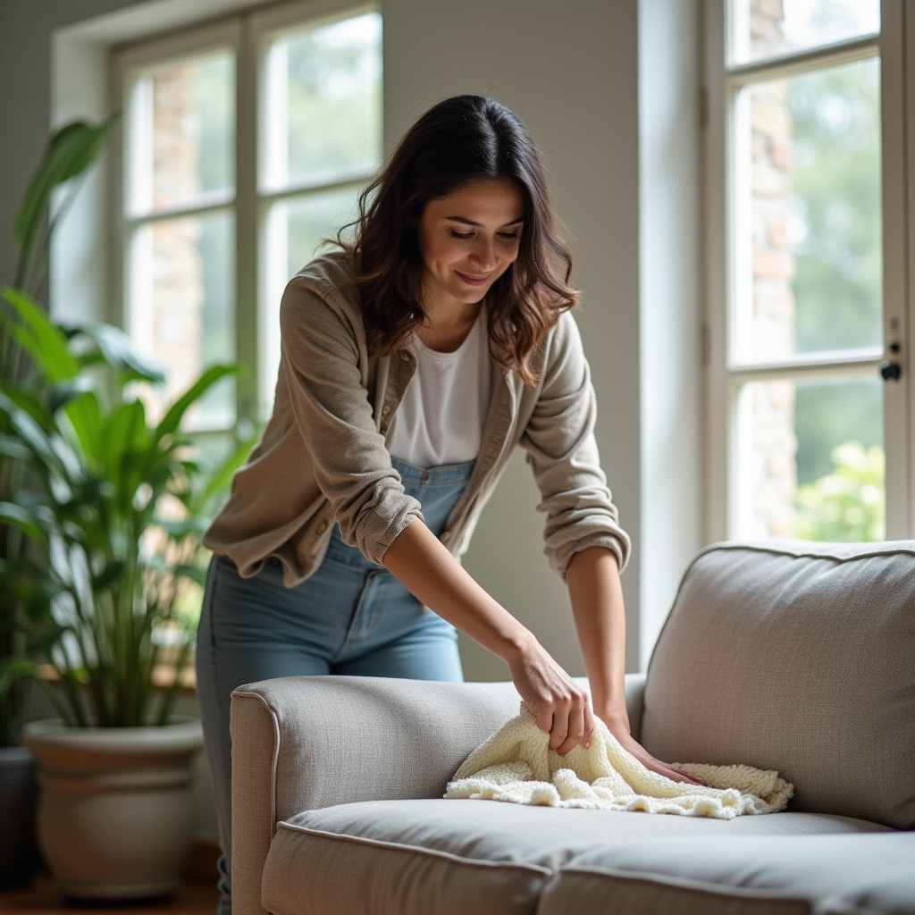 Professional photography of a diverse woman preparing room for sofa cleaning, natural lighting, 8K Preparando ambiente para lavagem de sofá a domicílio.