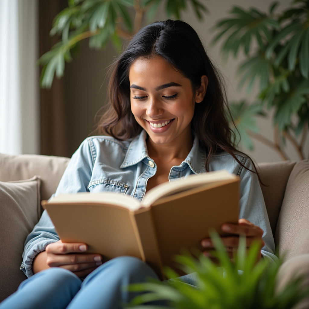 Professional photography of a diverse woman reading sofa cleaning service guarantee, natural Confirmando garantia de serviço de lavagem de sofá.