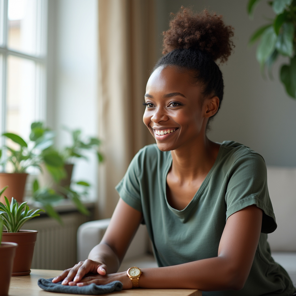 Professional photography of a diverse woman requesting CNPJ from sofa cleaning service, natural Solicitando CNPJ de empresa de lavagem de sofá.