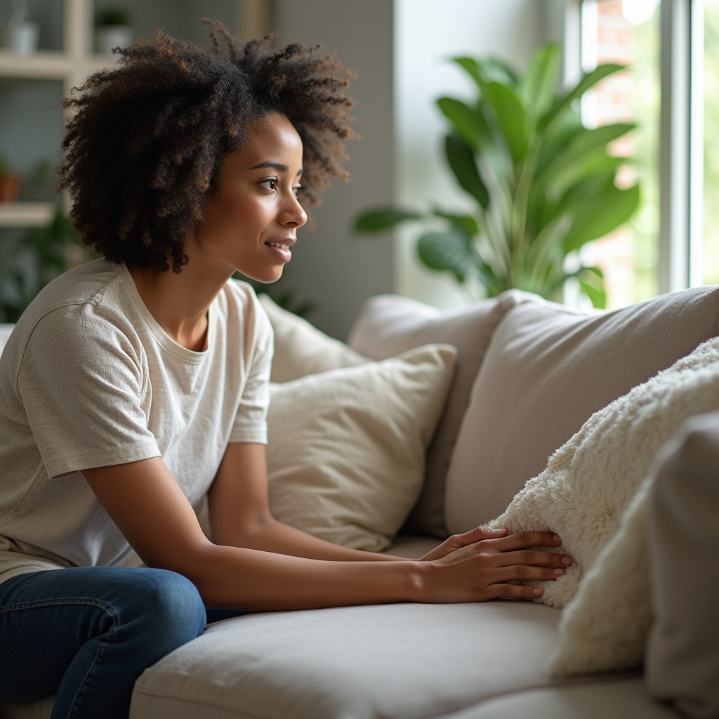 Professional photography of a diverse woman understanding sofa cleaning process, natural lighting, Entendendo processo de lavagem de sofá a domicílio.