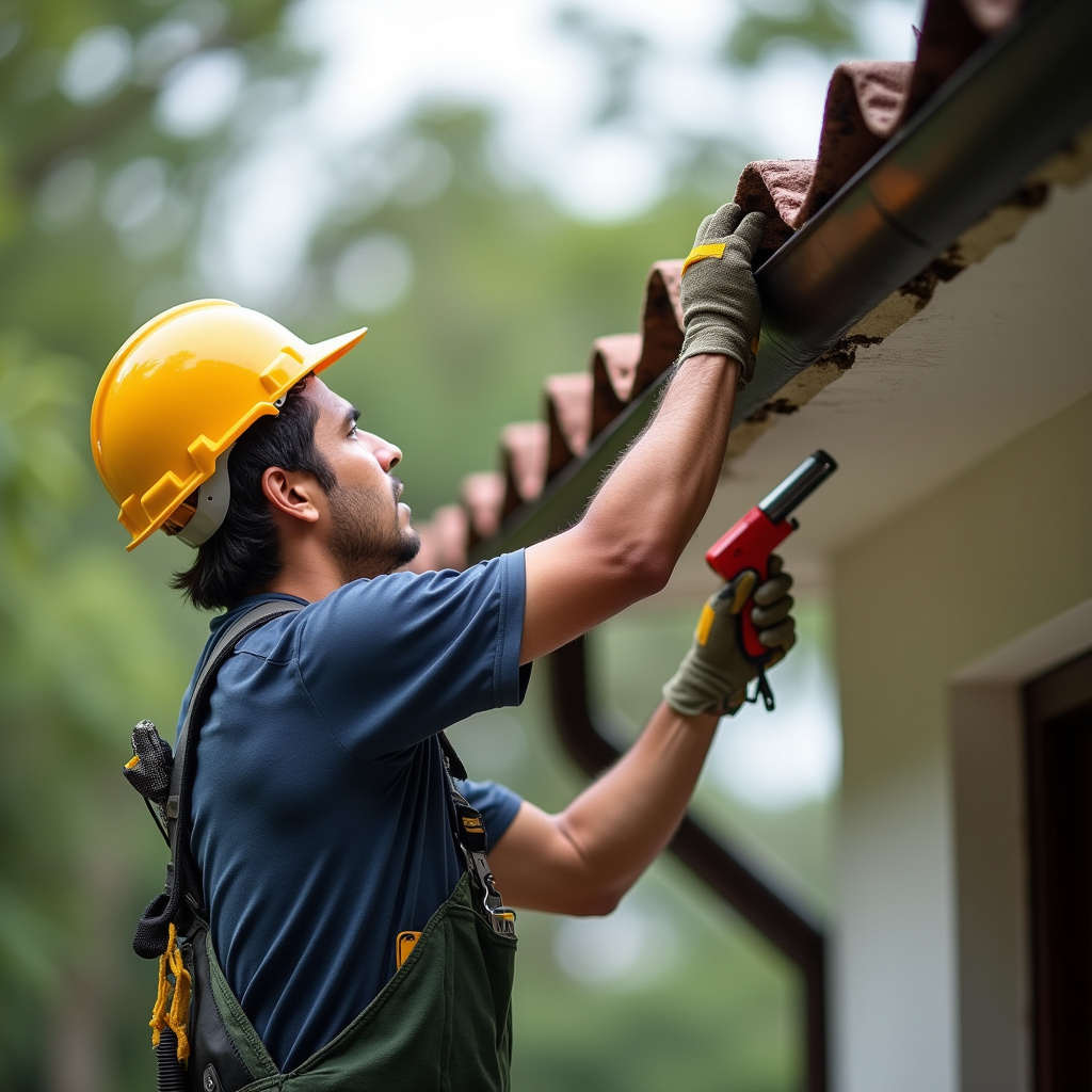 Professional photography of a handyman cleaning gutters in a São Paulo house, safety equipment, Limpeza de calhas e telhados em São Paulo.