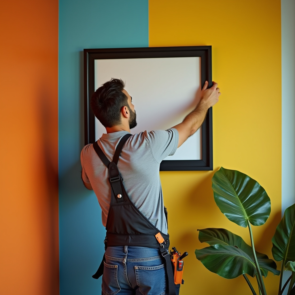 Professional photography of a handyman installing a modern picture frame on a vibrant, colorful Marido de aluguel instalando quadro em parede colorida.
