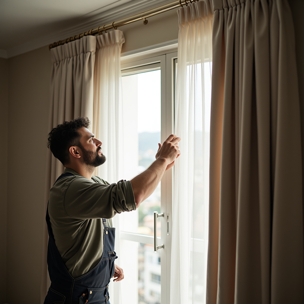 Professional photography of a handyman installing curtains in a São Paulo apartment, natural Instalação de cortinas e persianas em SP.
