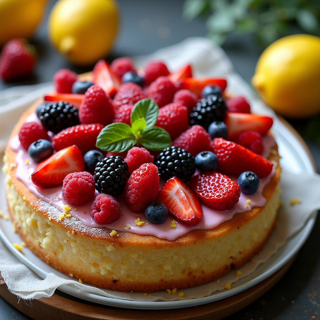 Professional photography of a vibrant fruit cake with strawberries, raspberries, and blackberries, Bolo de frutas vermelhas fresco com morangos, framboesas e amoras.