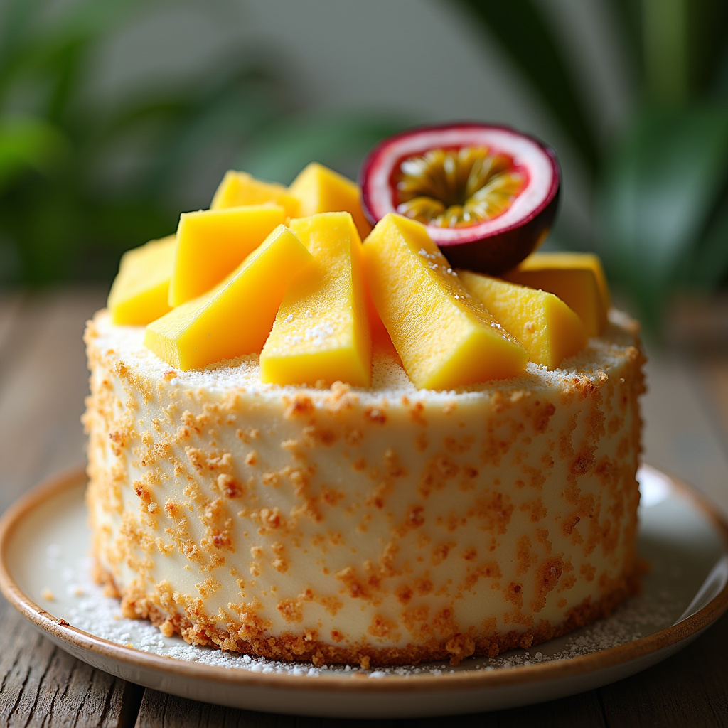 Professional photography of coconut tropical fruit cake, mango, passion fruit, pineapple, natural Bolo de coco com frutas tropicais.