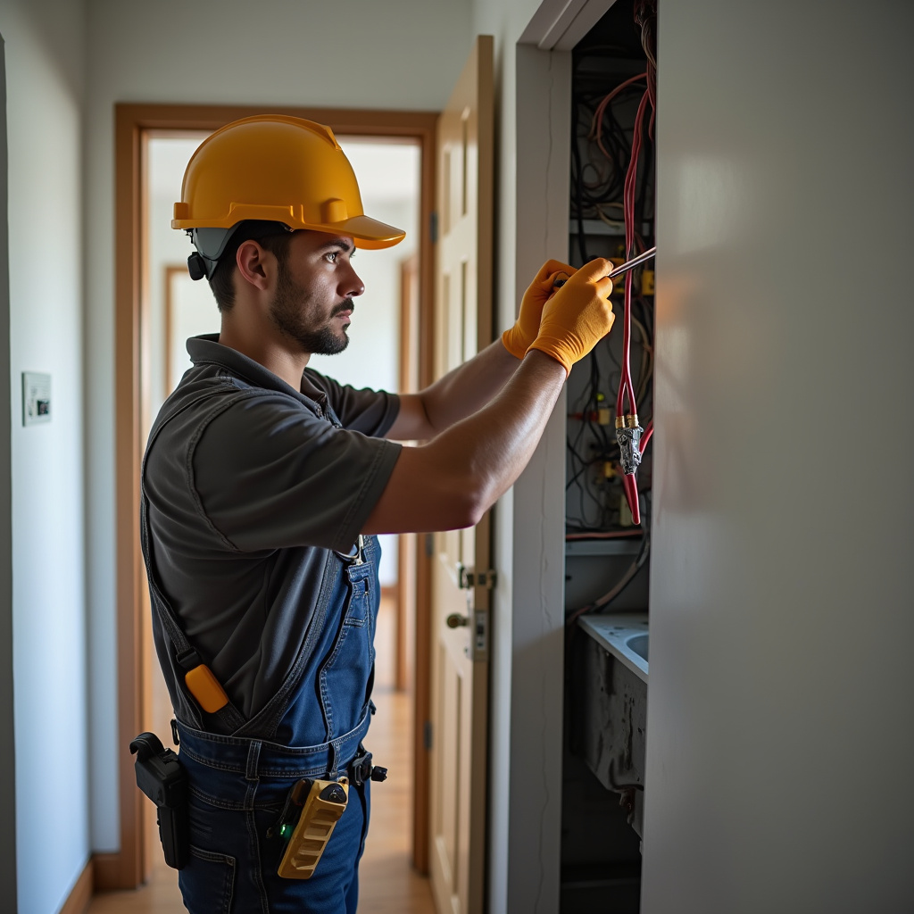Professional photography of electrician repairing electrical wiring in a São Paulo apartment, Eletricista fazendo reparos elétricos em SP.