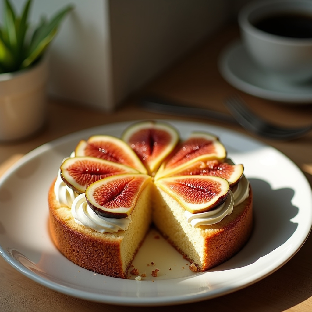 Professional photography of fresh fig almond cake, natural lighting, 8K quality, sharp focus, Bolo de figo fresco com amêndoas.
