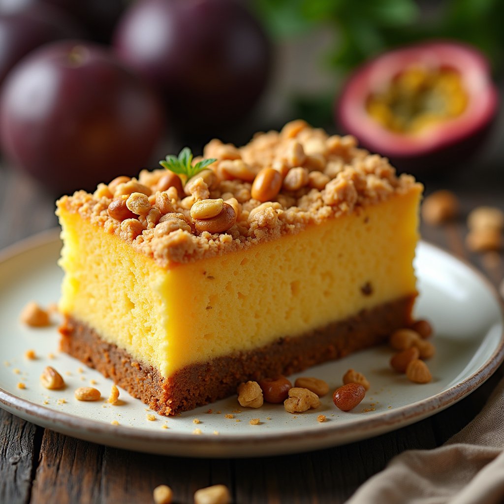 Professional photography of passion fruit cake, crunchy topping, nuts, natural lighting, 8K Bolo de maracujá com cobertura crocante.