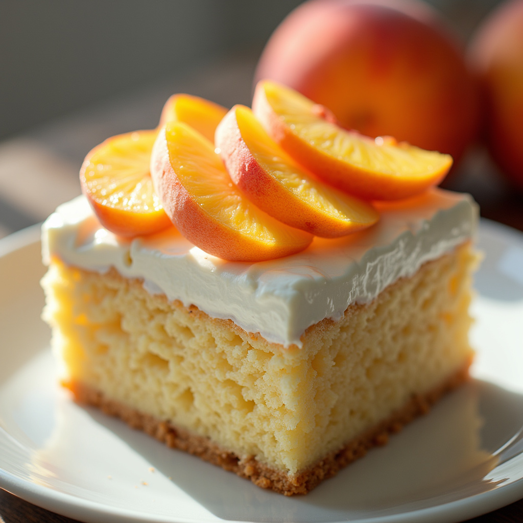 Professional photography of peach yogurt cake, soft texture, natural lighting, 8K quality, sharp Bolo de pêssego com iogurte.