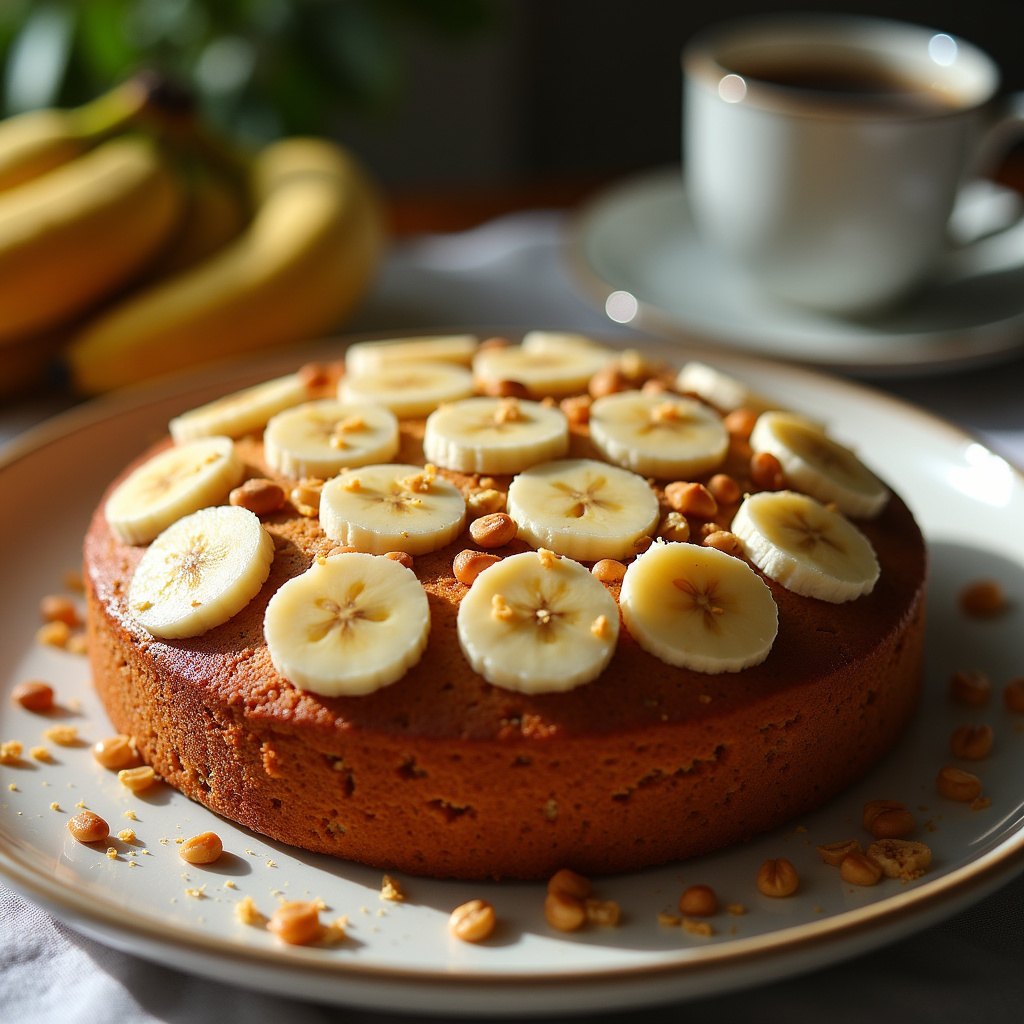 Professional photography of whole wheat banana nut cake, natural lighting, 8K quality, sharp focus, Bolo de banana com nozes integral.