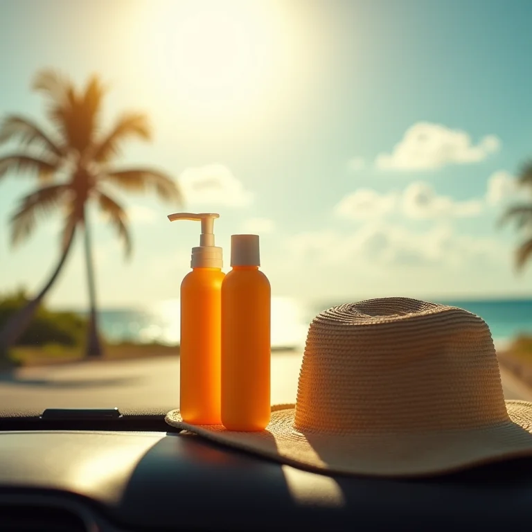 Protetor solar e chapéu de sol no painel do carro.