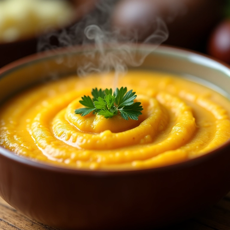 Purê cremoso de Batata Baroa com salsinha fresca em uma tigela.