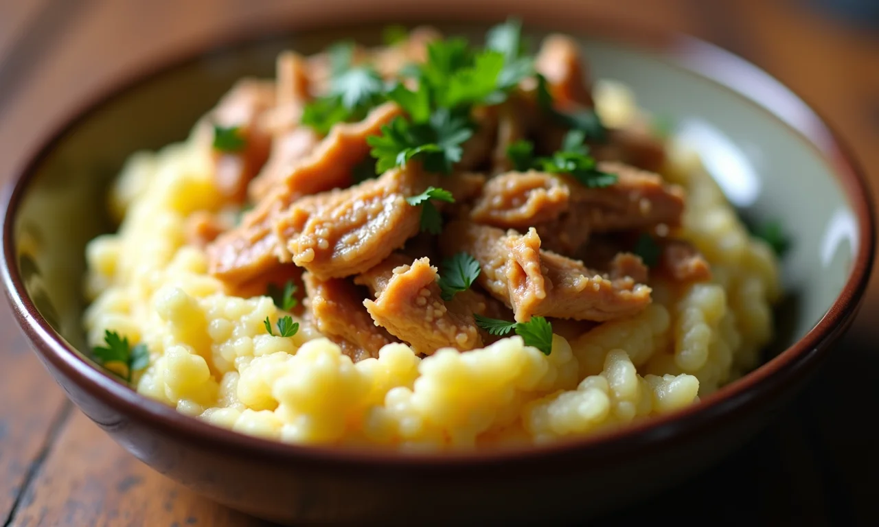 Purê de batata com frango desfiado e salsa em uma tigela rústica.