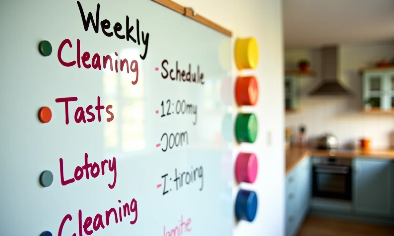 Quadro branco com cronograma de limpeza semanal.