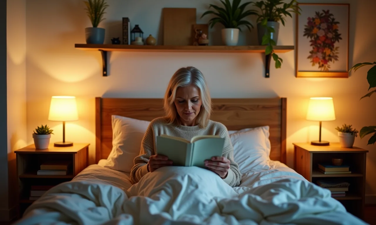 Quarto aconchegante com nichos de caixote como criados-mudos e prateleiras.