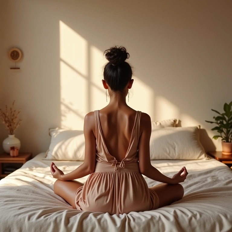 Quarto com Feng Shui e estilo brasileiro, mulher meditando em ambiente calmo.