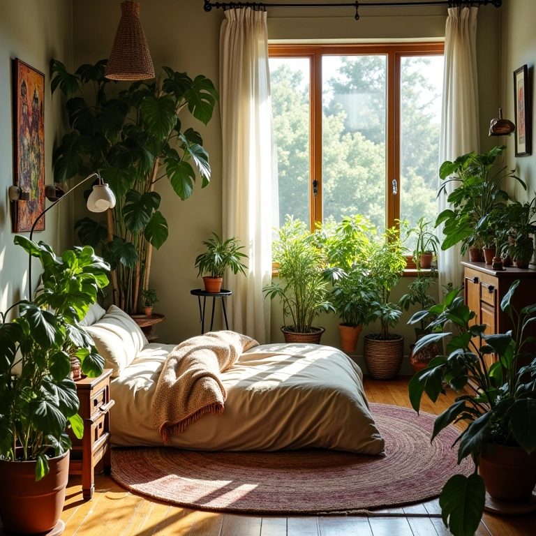 Quarto de casal com plantas e decoração vibrante, estilo brasileiro.