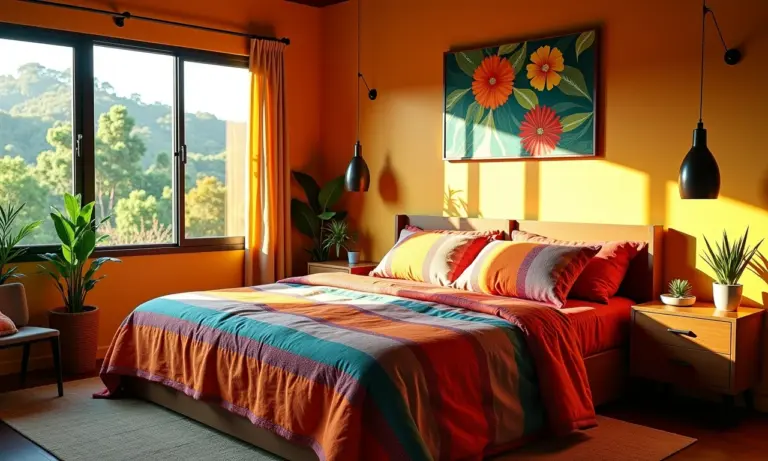 Quarto de casal planejado com decoração vibrante e aconchegante.