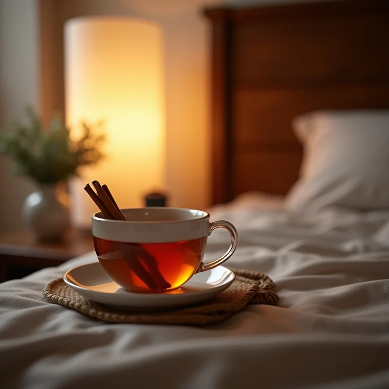 Quarto sereno com chá de canela na mesa de cabeceira