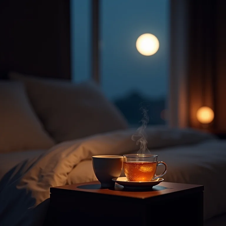Quarto tranquilo à noite com chá de jasmim na mesa de cabeceira, promovendo uma boa noite de sono.