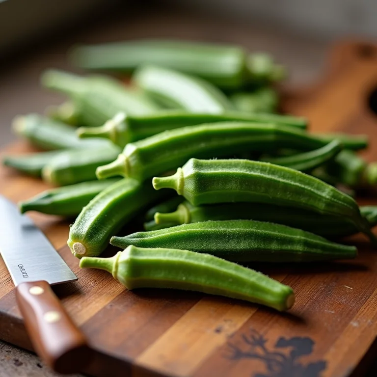 Quiabos frescos em uma tábua de madeira
