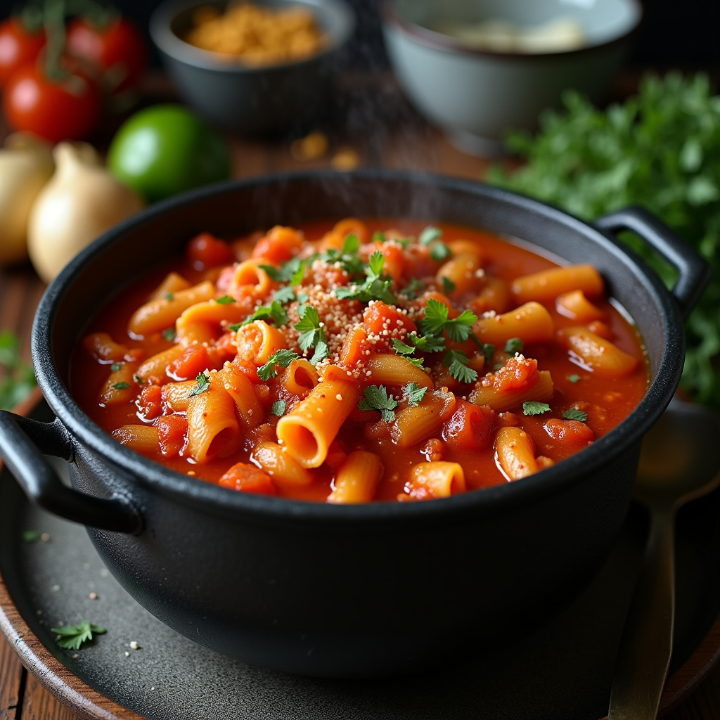 Quick tomato sauce pasta in witch cauldron pot, simple ingredients, easy recipe, Brazilian style Macarrão com molho de tomate na panela caldeirão.