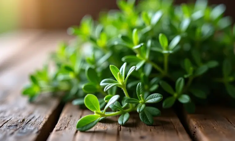 Ramo fresco de tomilho sobre mesa de madeira rústica.