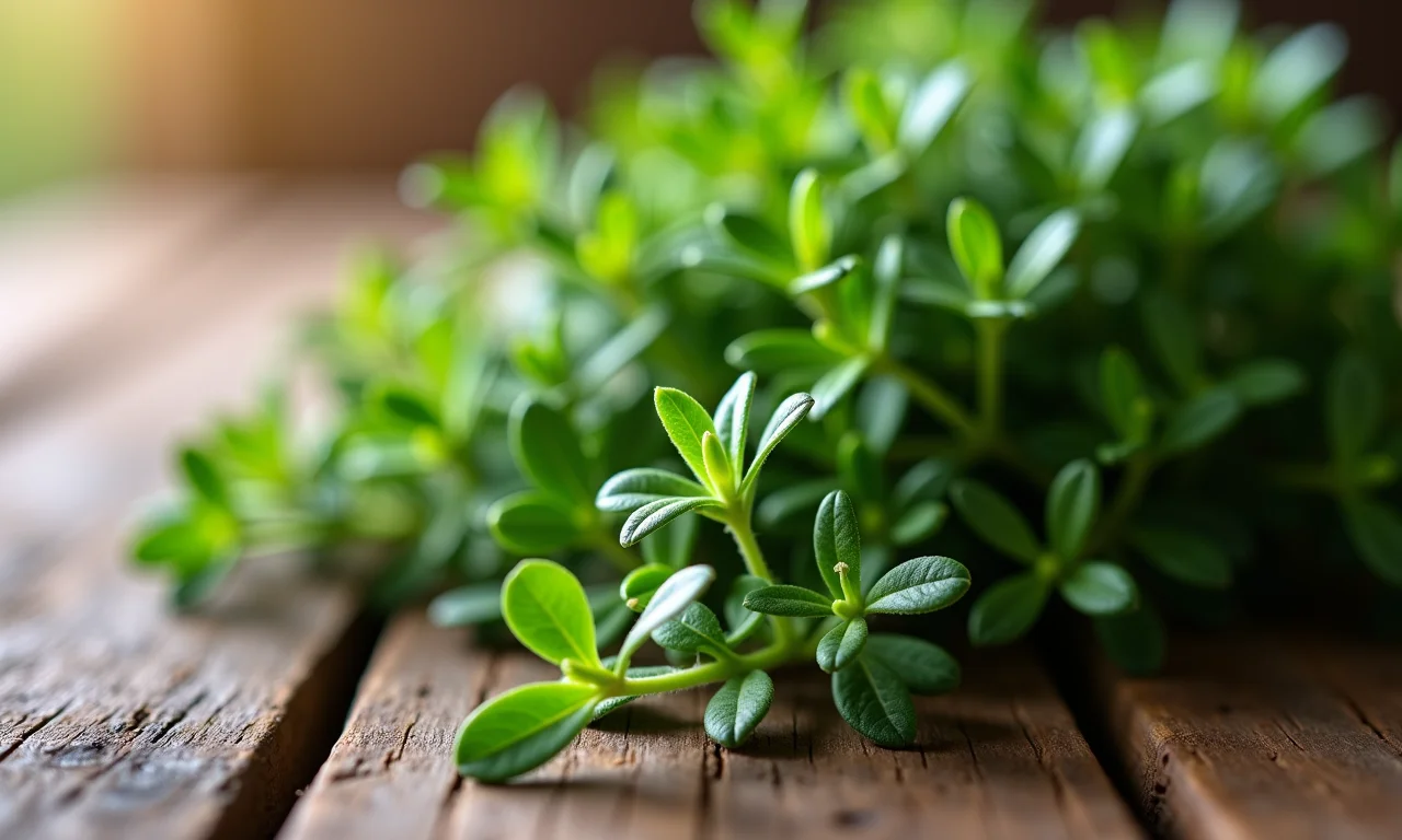 Ramo fresco de tomilho sobre mesa de madeira rústica.