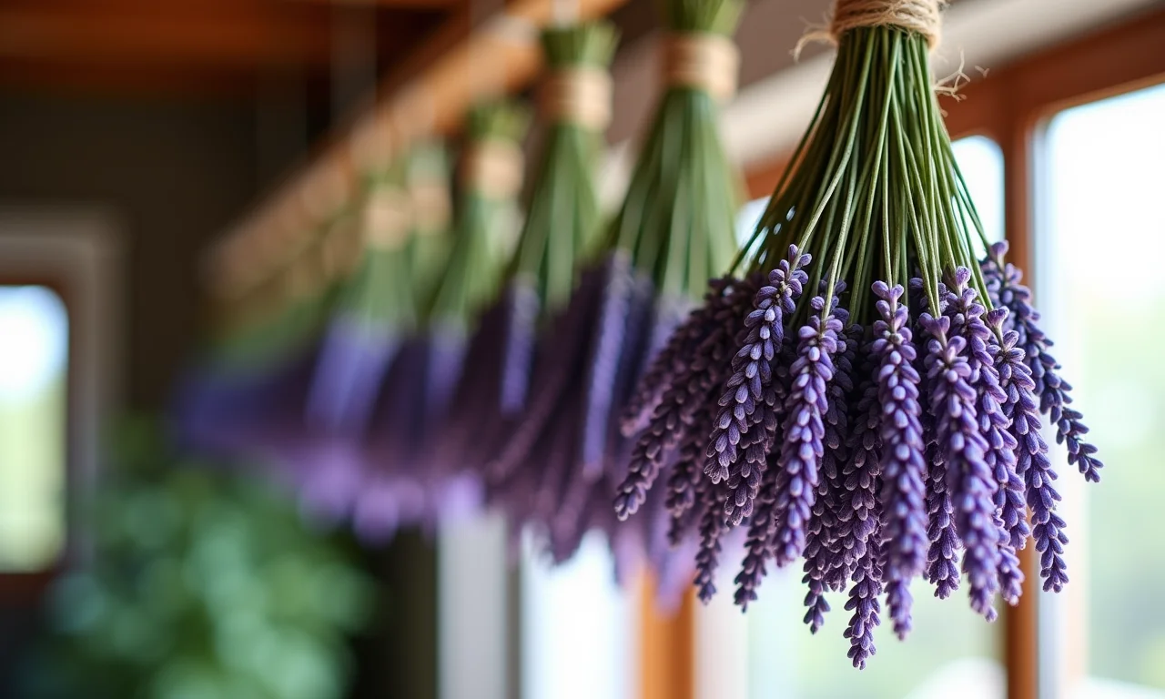 Ramos de lavanda secando pendurados em ambiente arejado.