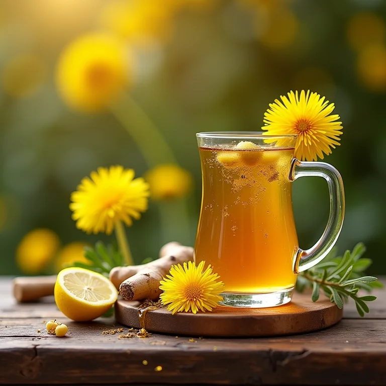 Receitas caseiras de chá de dente de leão em mesa rústica