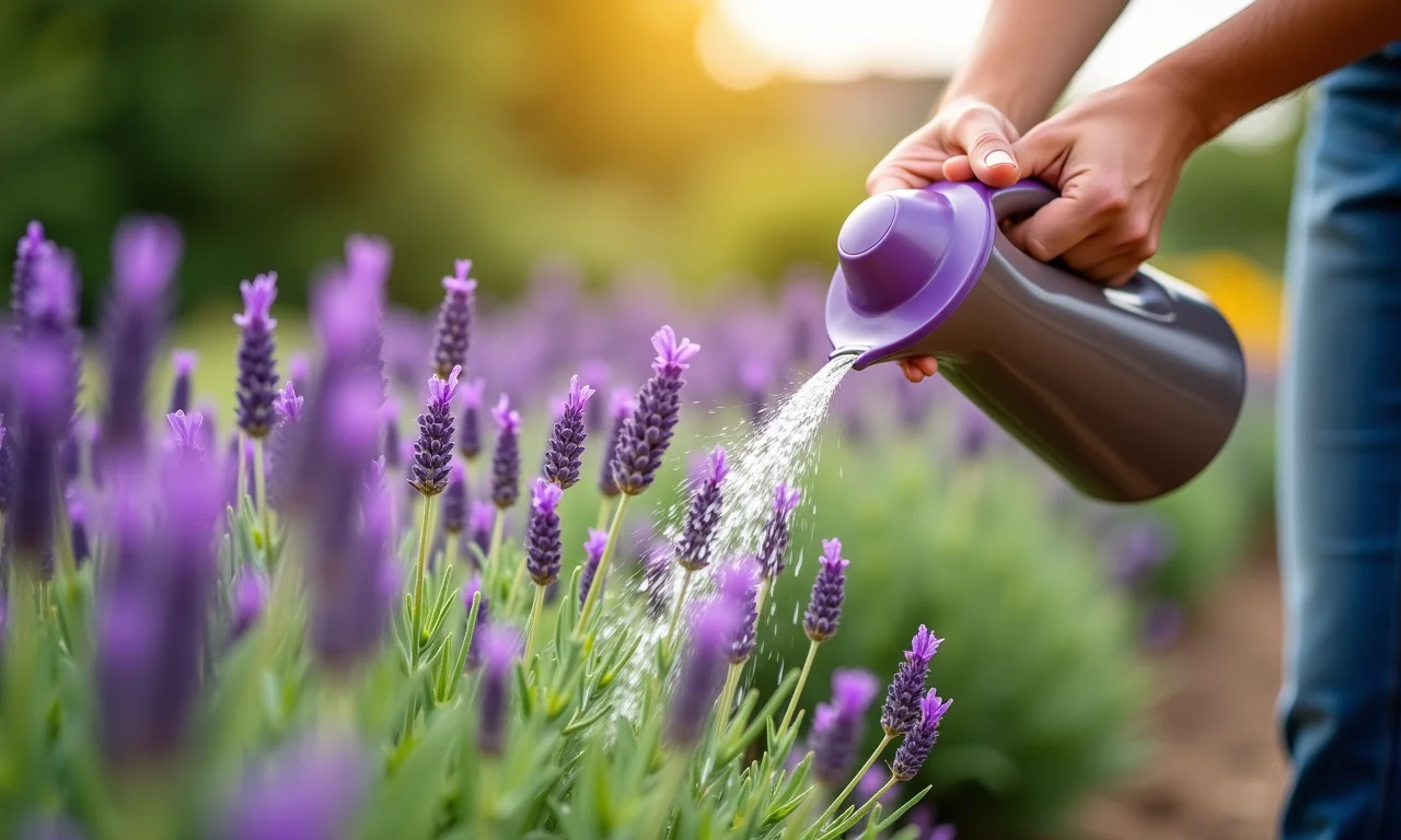 Regando e adubando as plantas de alfazema.