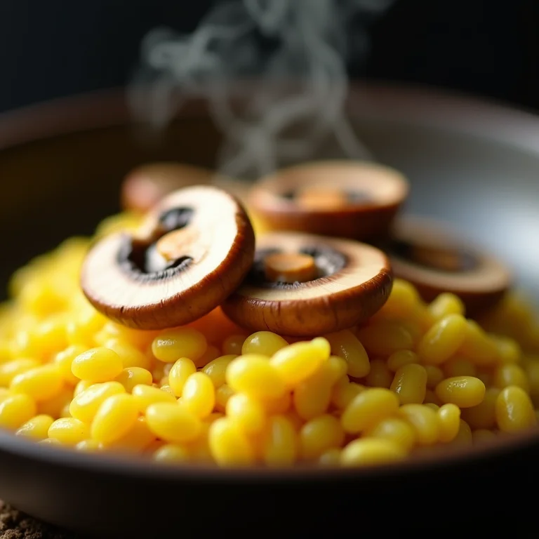 Risoto de açafrão com cogumelos frescos, com o vapor quente subindo do prato.