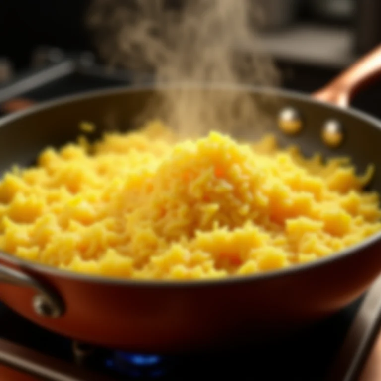 Risoto de açafrão cremoso sendo preparado em uma panela de cobre.