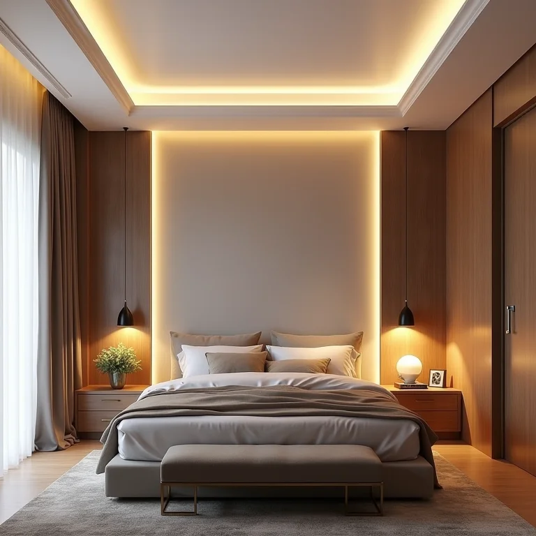 Roda teto de gesso com iluminação indireta em quarto aconchegante