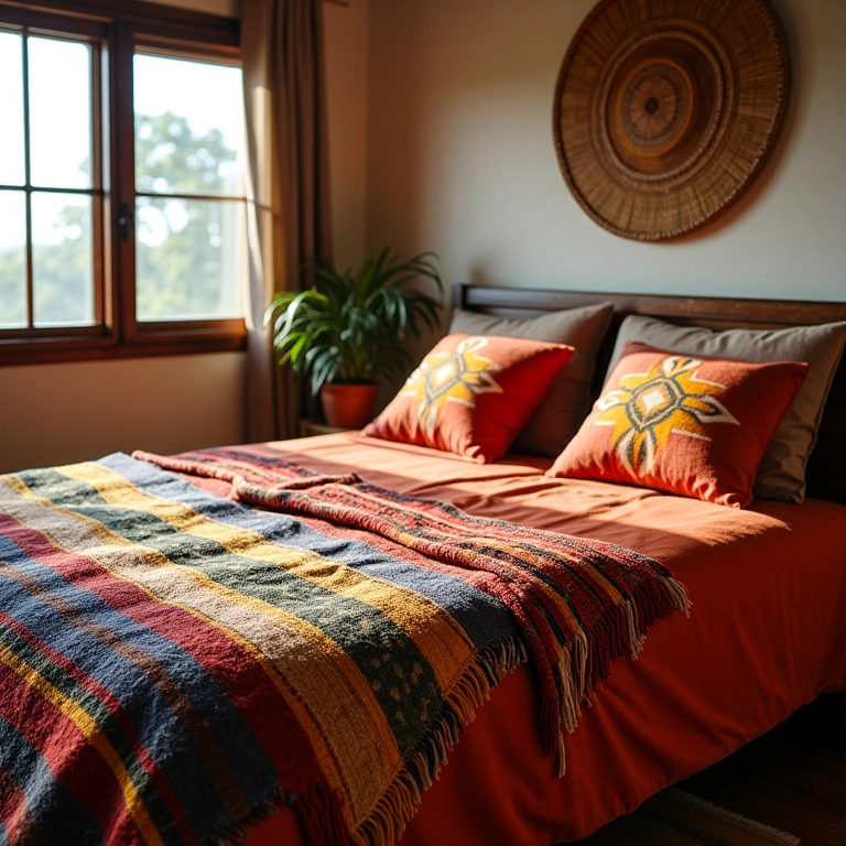 Roupa de cama aconchegante em quarto de casal com estilo brasileiro.