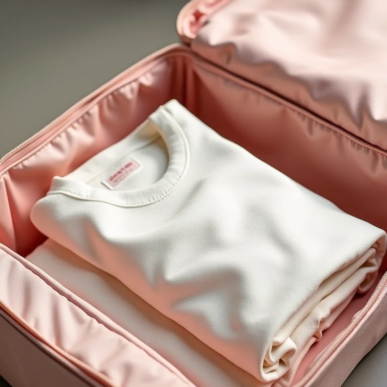 Roupas leves e confortáveis dobradas dentro de uma mala de viagem.